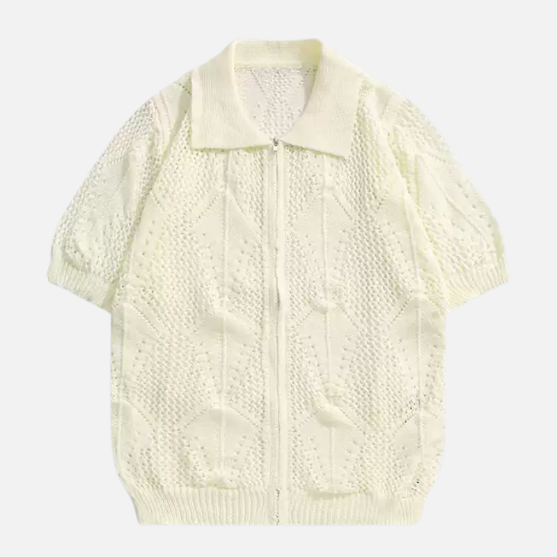 Hollow-Out Zip-Up Knit Polo
