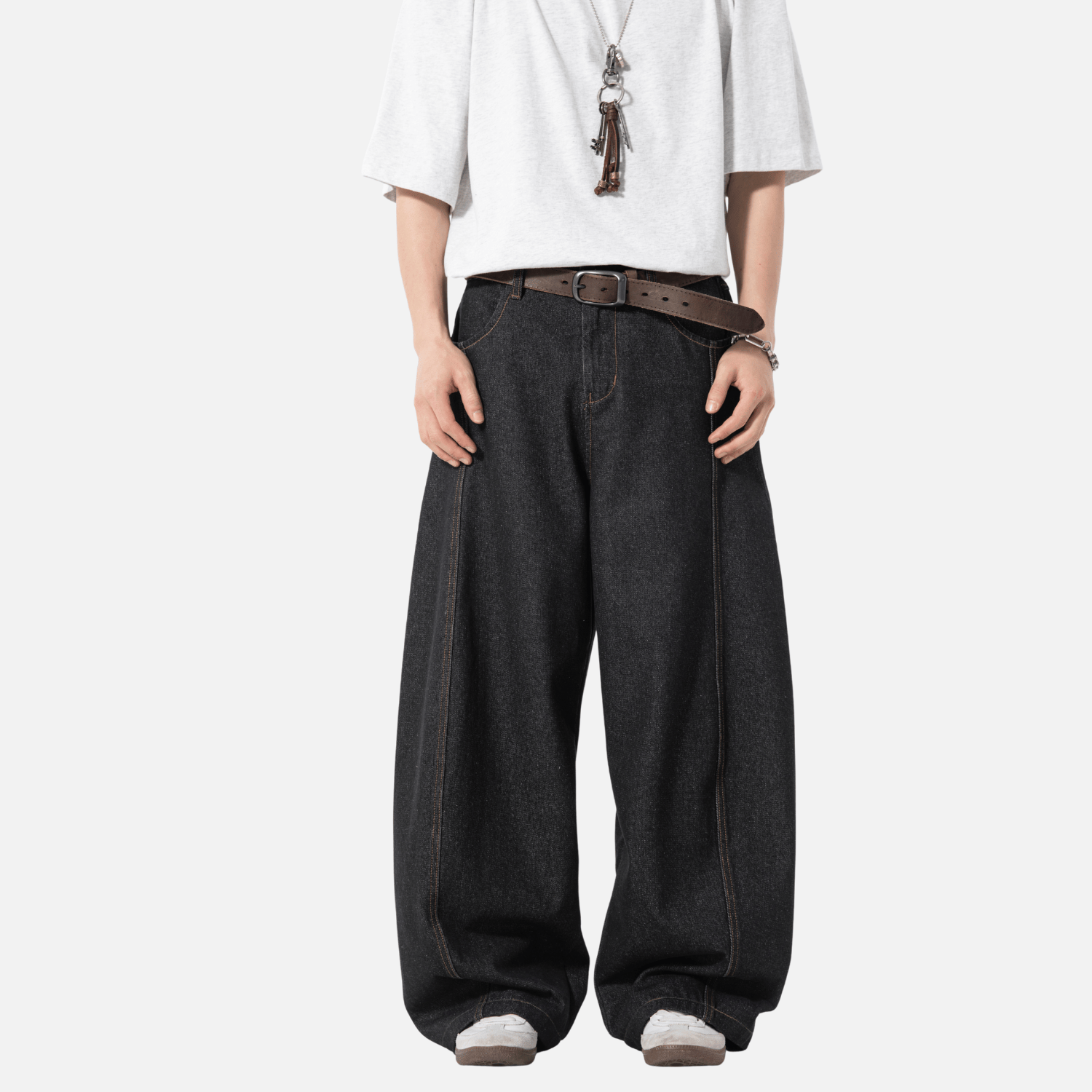 Topstitch Slant Baggy Denim Pants
