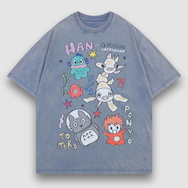 Camiseta vintage de anime lavada y desgastada