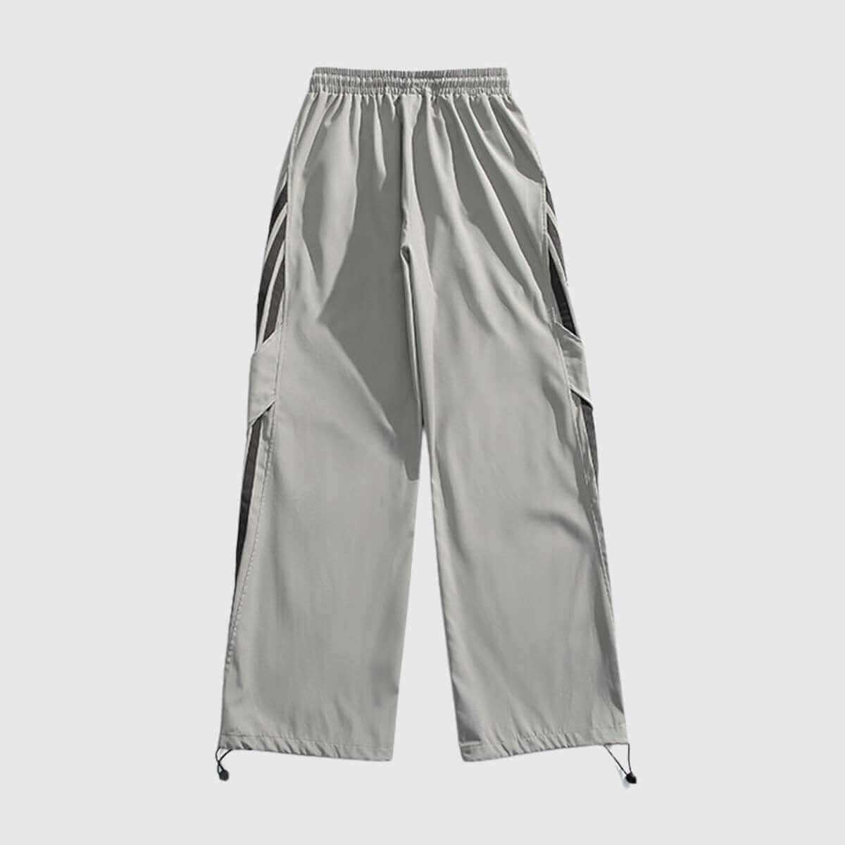Light gray side stripe sweatpants with adjustable waistband for a comfortable, sporty look.