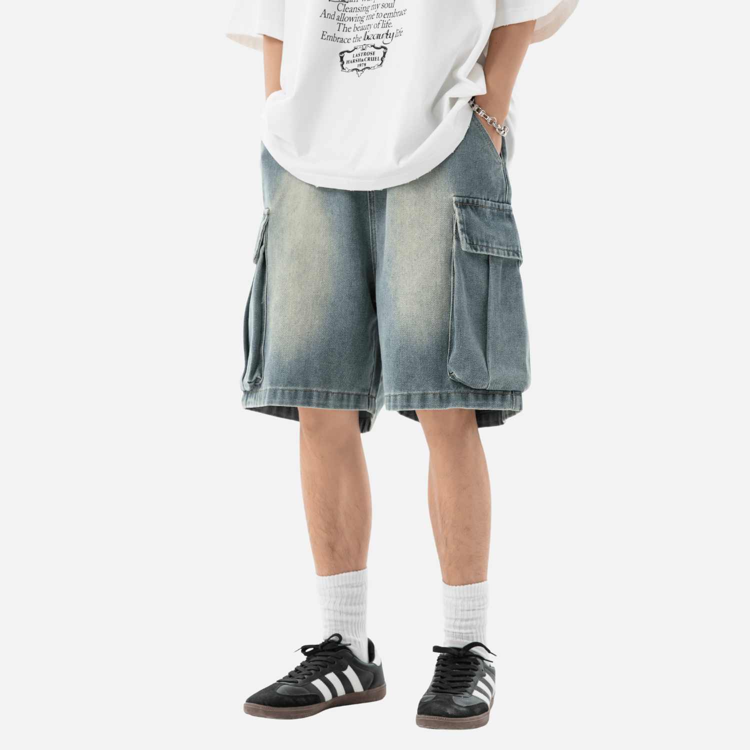 Washed Denim Cargo Shorts