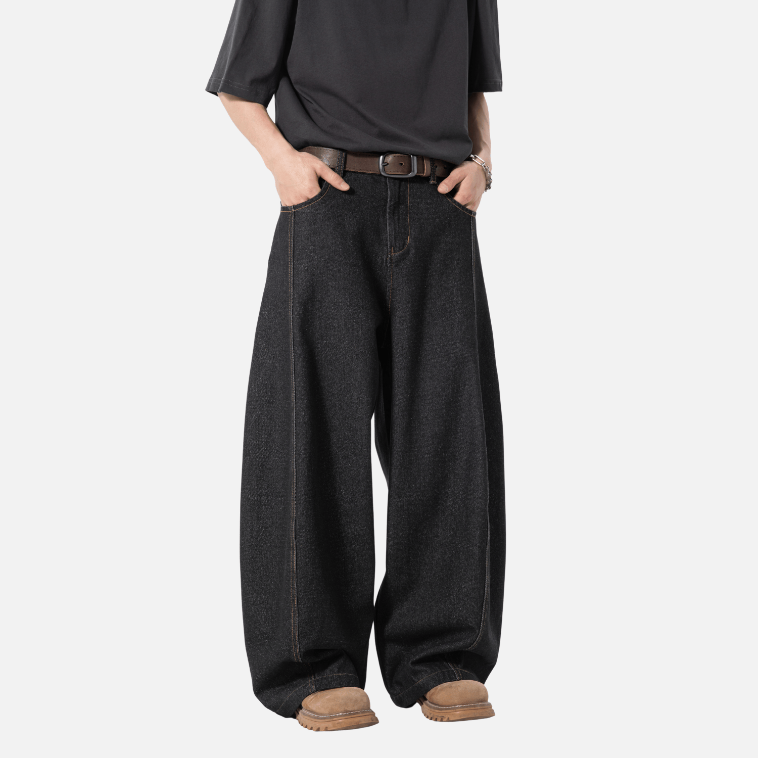 Topstitch Slant Baggy Denim Pants