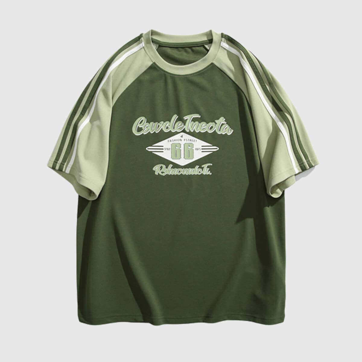 Vintage graphic raglan shirt with 'Route 66' print, green with striped sleeves, casual unisex style.