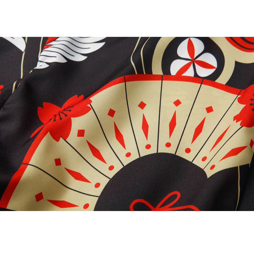 Kimono con estampado de grúa de dos piezas + pantalones cortos