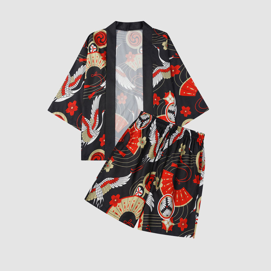 Kimono con estampado de grúa de dos piezas + pantalones cortos