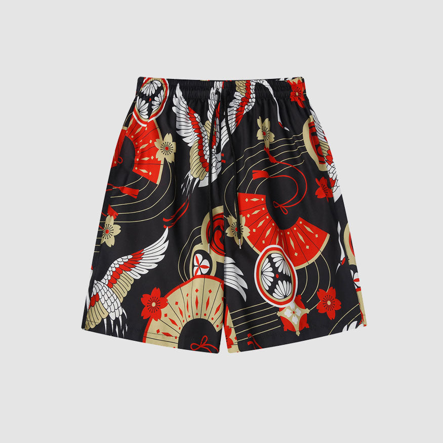 Kimono con estampado de grúa de dos piezas + pantalones cortos