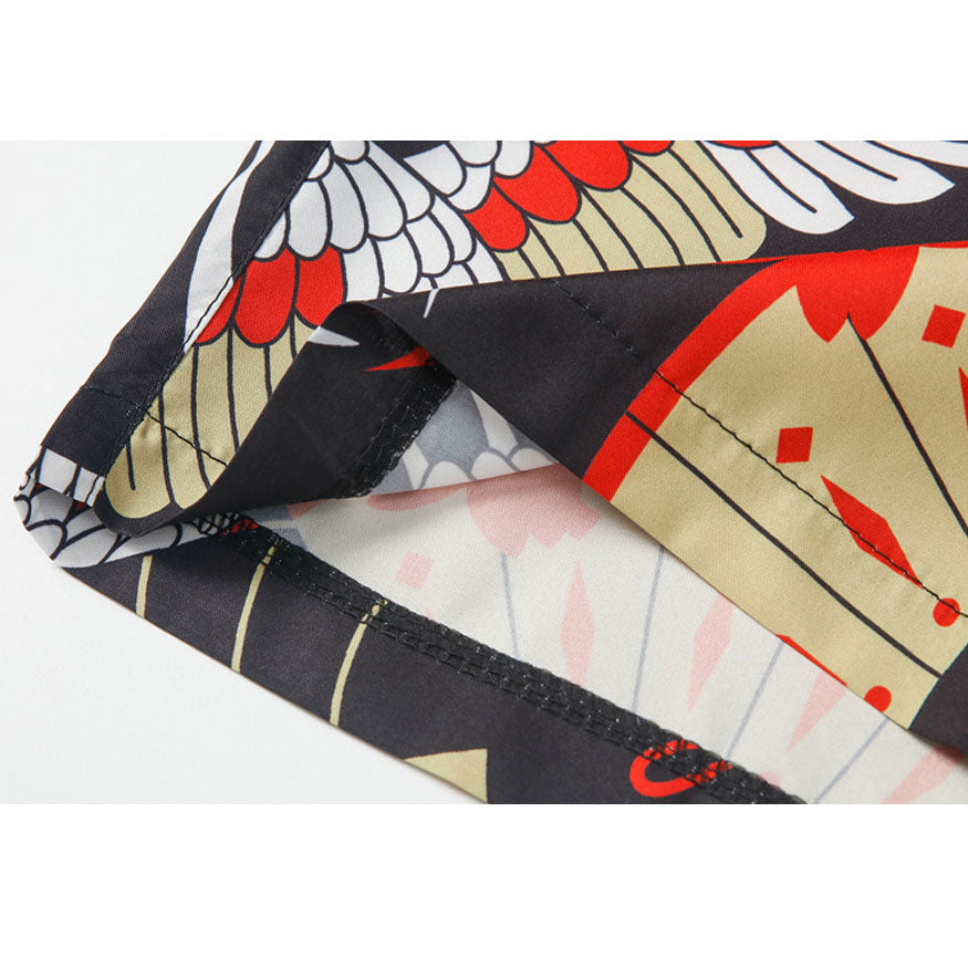 Kimono con estampado de grúa de dos piezas + pantalones cortos