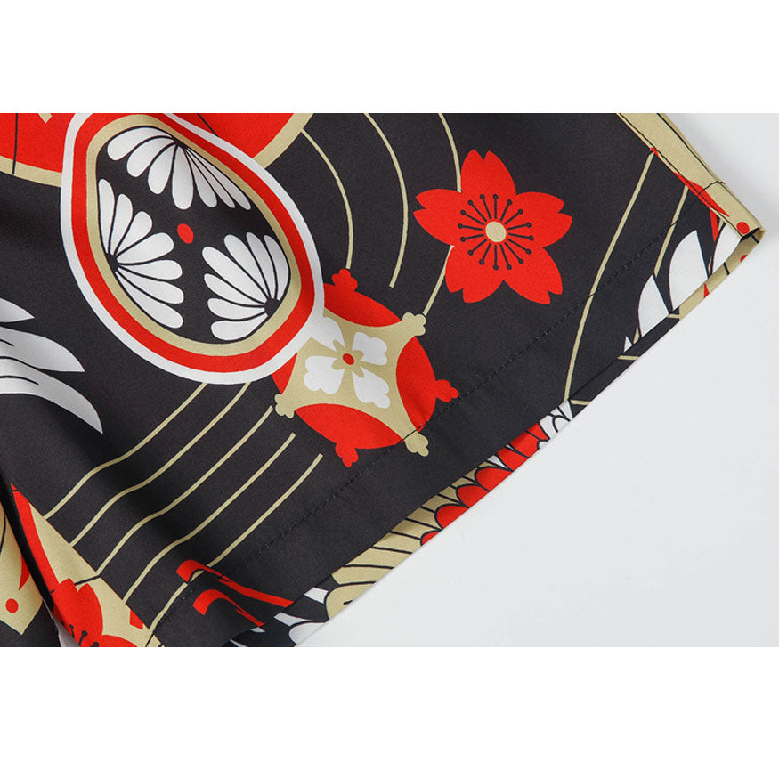 Kimono con estampado de grúa de dos piezas + pantalones cortos