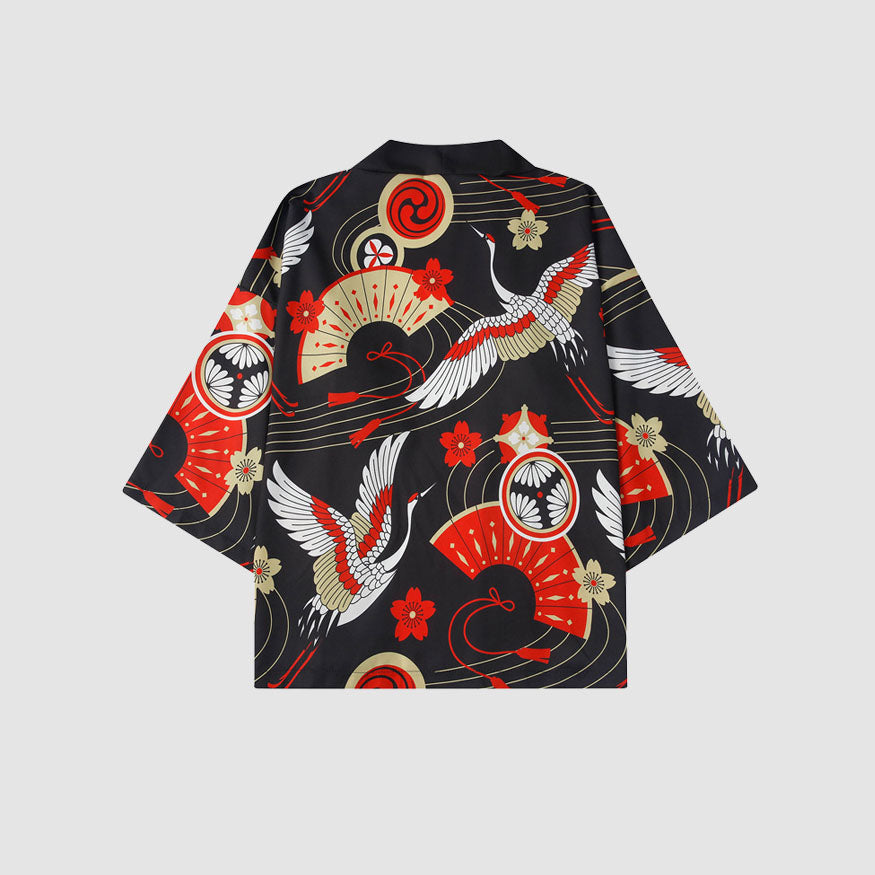 Kimono con estampado de grúa de dos piezas + pantalones cortos