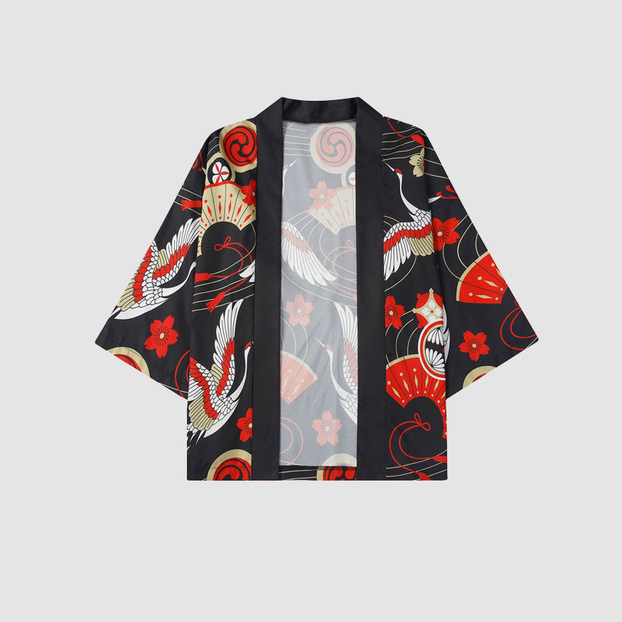 Kimono con estampado de grúa de dos piezas + pantalones cortos