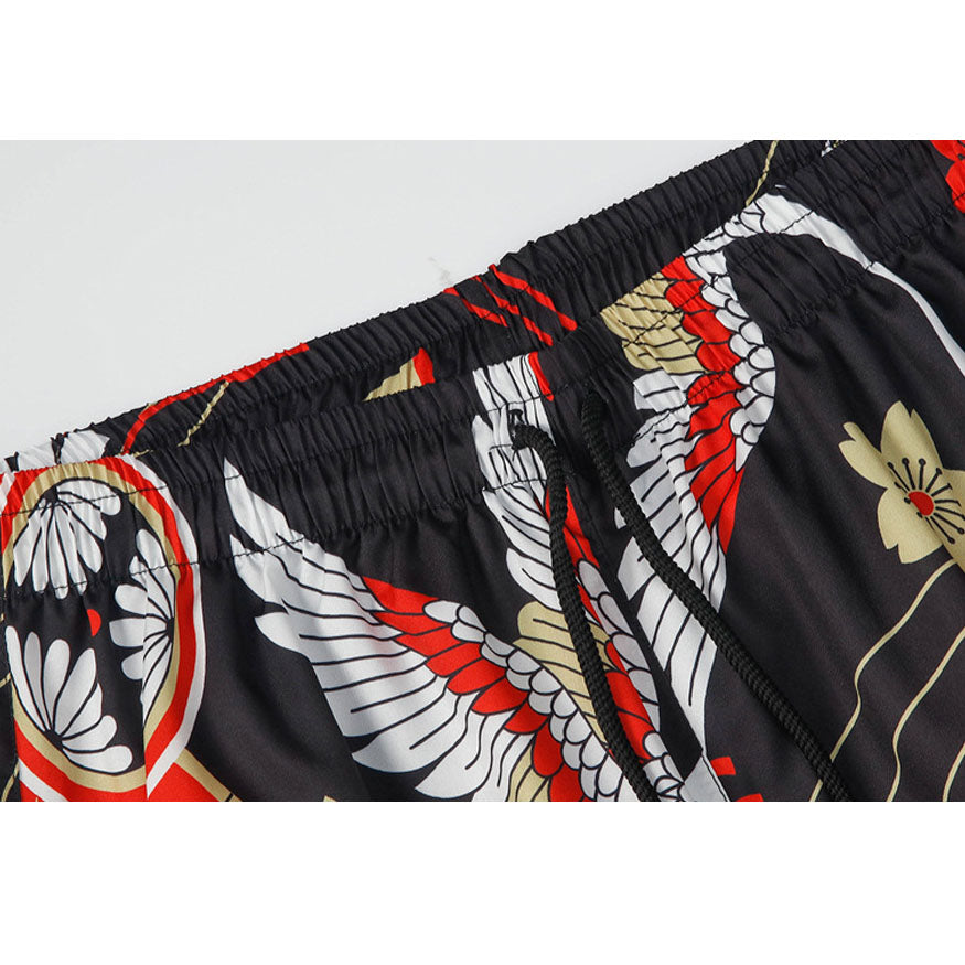 Kimono con estampado de grúa de dos piezas + pantalones cortos
