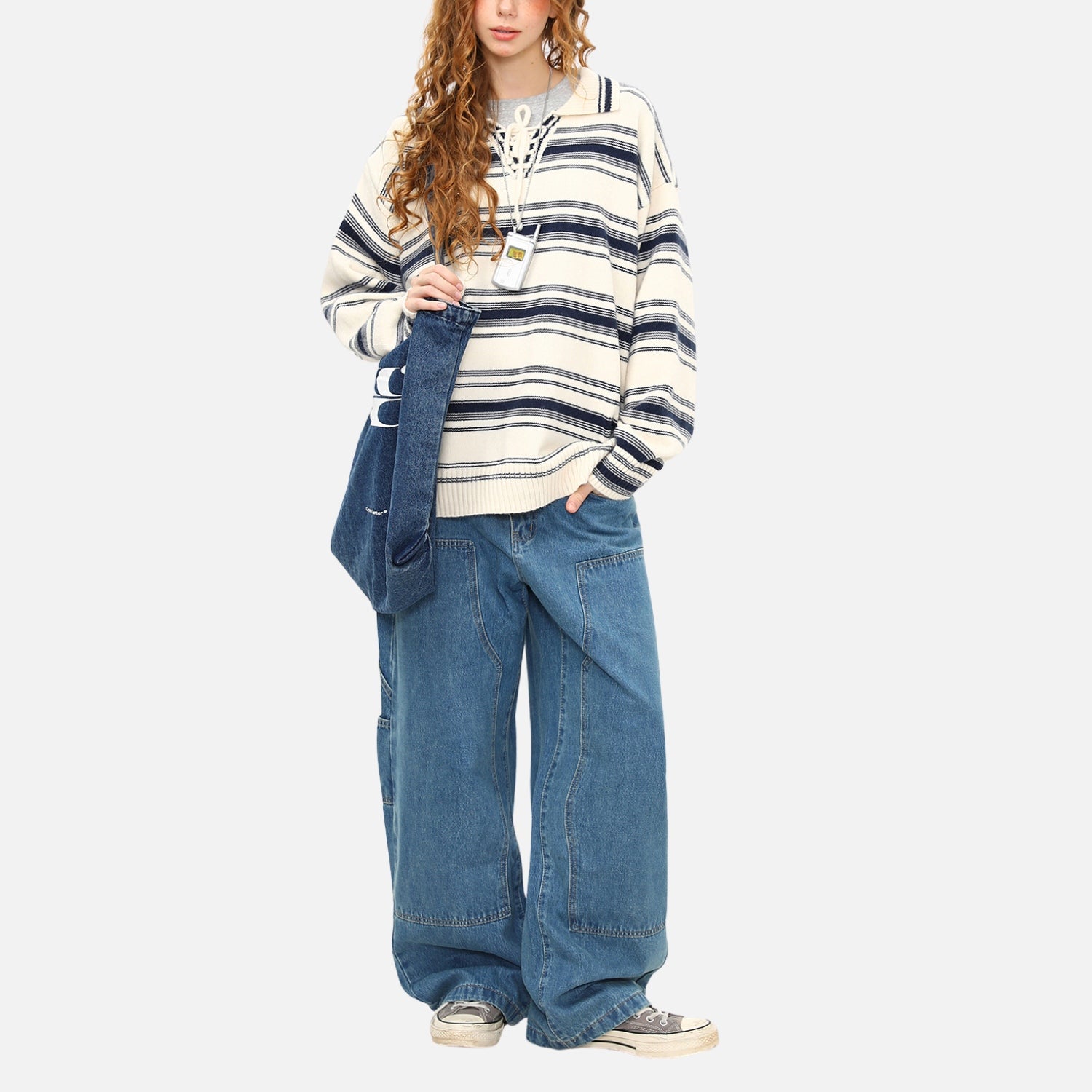 College Style Striped Tie Polo Sweater