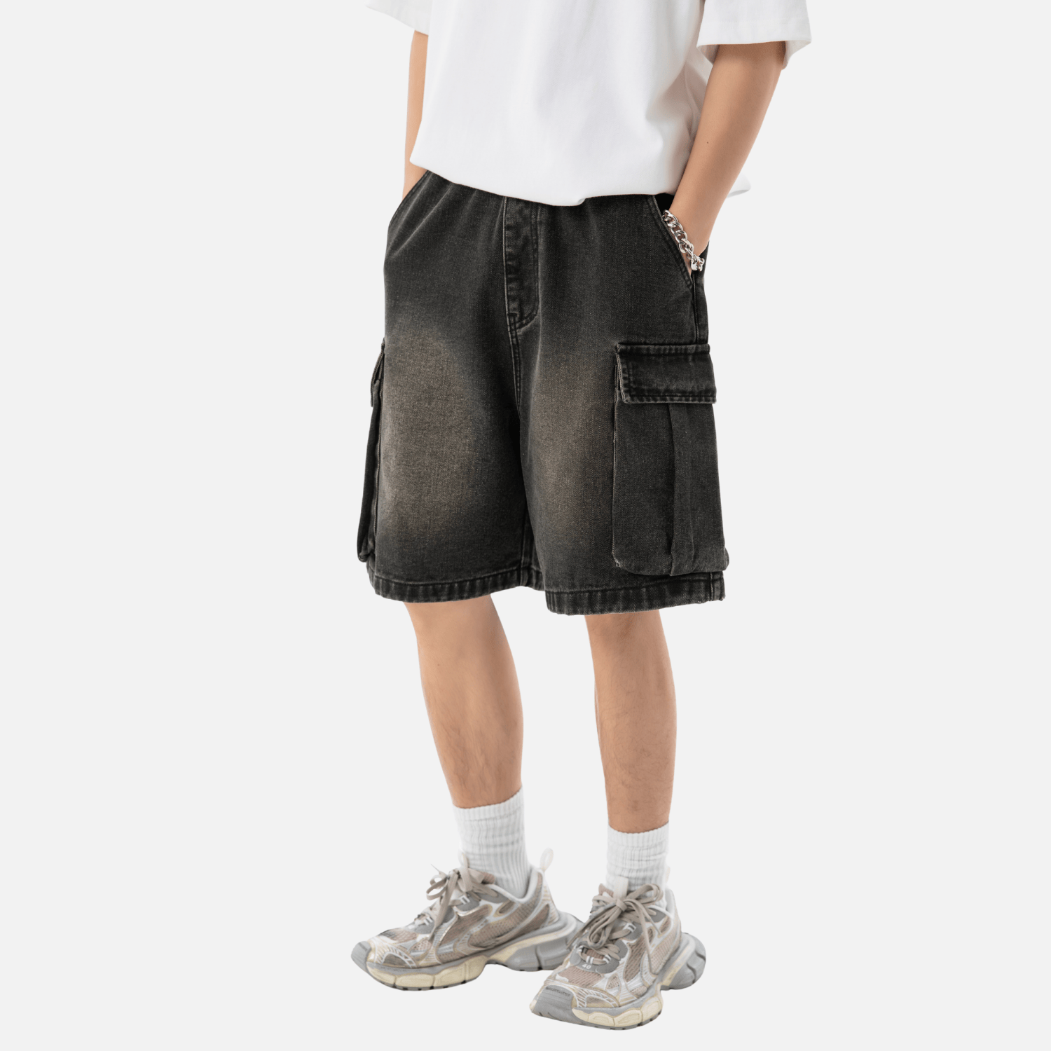 Washed Denim Cargo Shorts