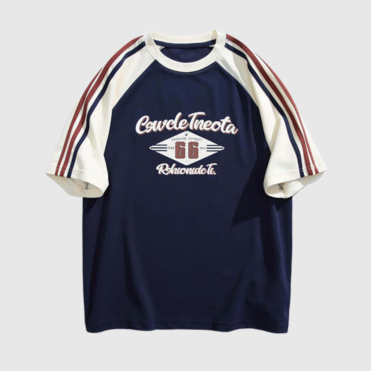Vintage graphic raglan shirt featuring bold Route 66 print and colorful sleeves for a casual, unisex style.