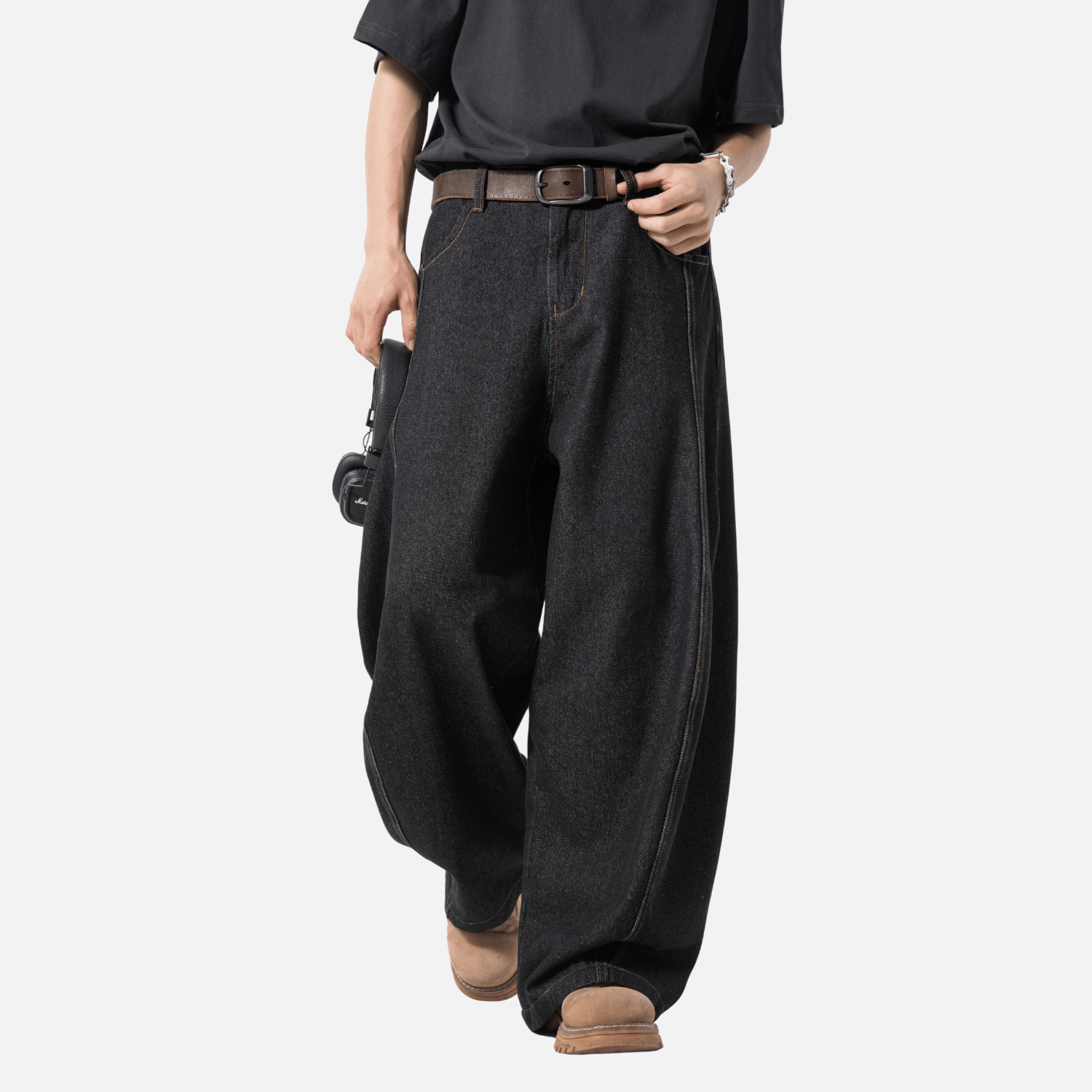 Topstitch Slant Baggy Denim Pants