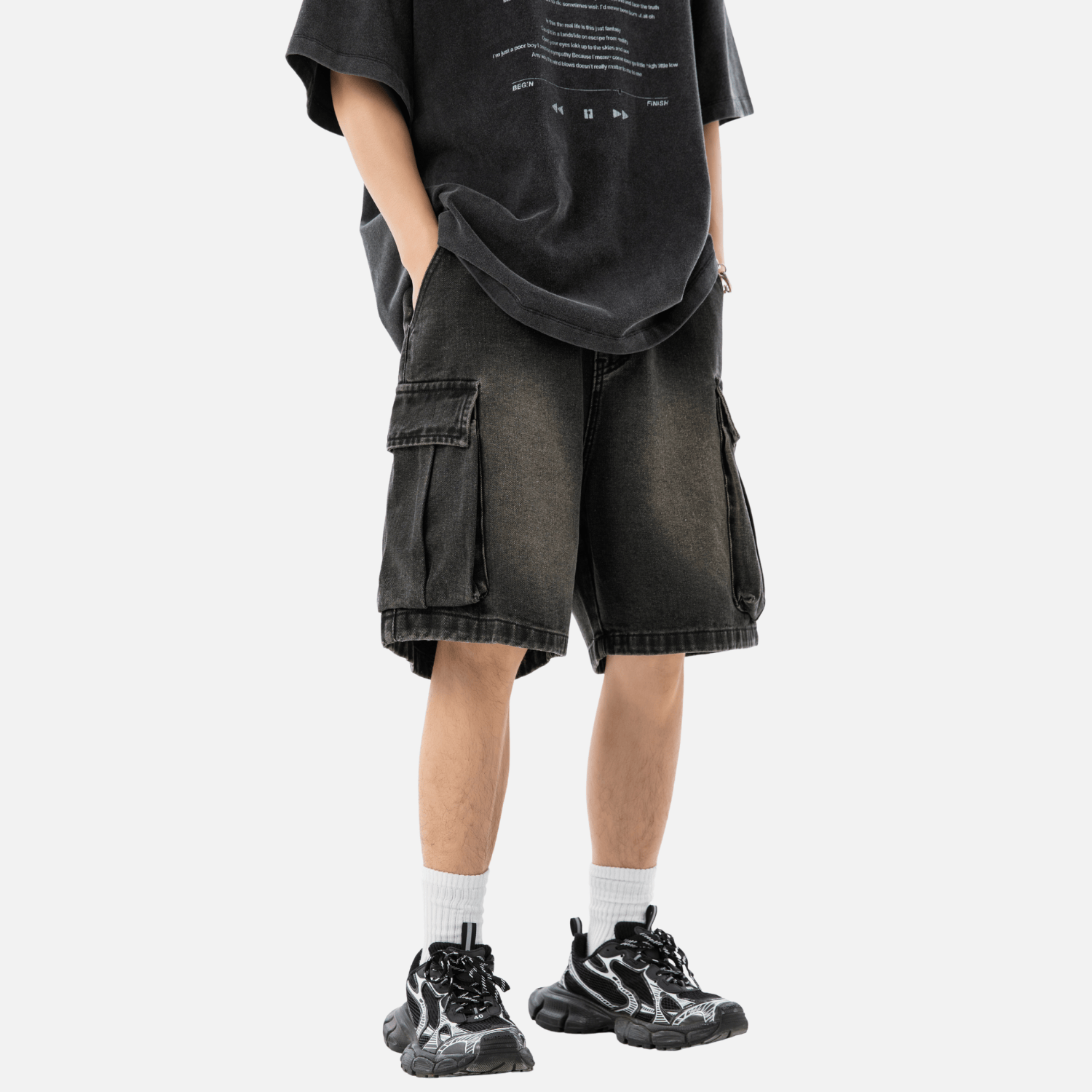 Washed Denim Cargo Shorts