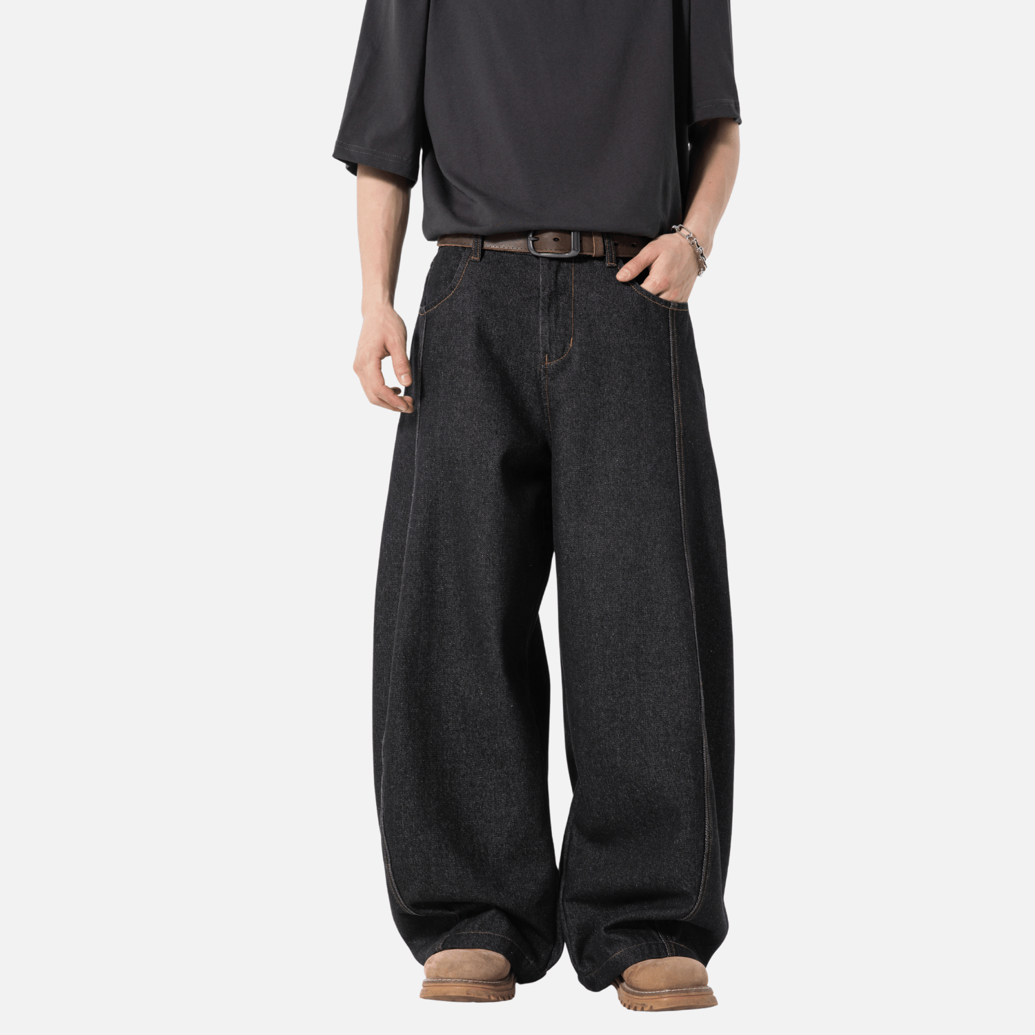 Topstitch Slant Baggy Denim Pants