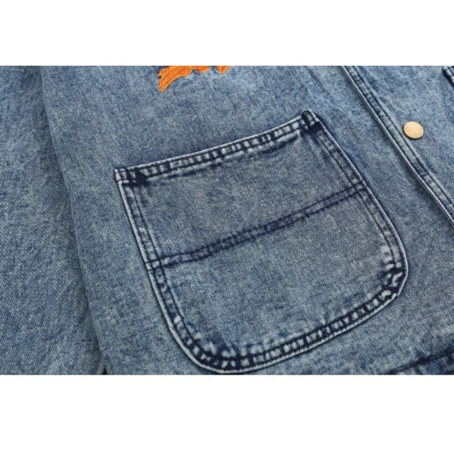 Foliage Embroidered Multi-Pocket Denim Jacket