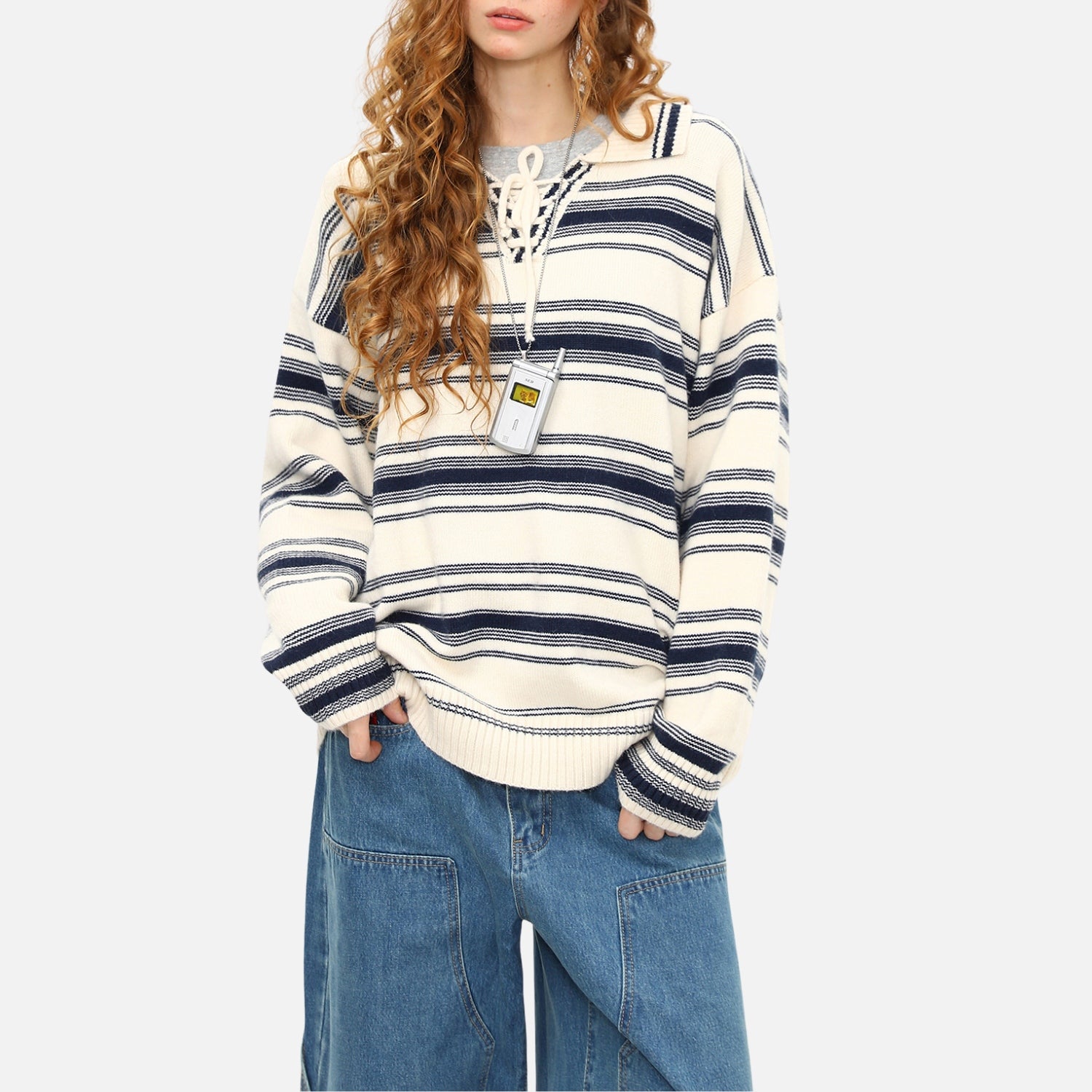 College Style Striped Tie Polo Sweater