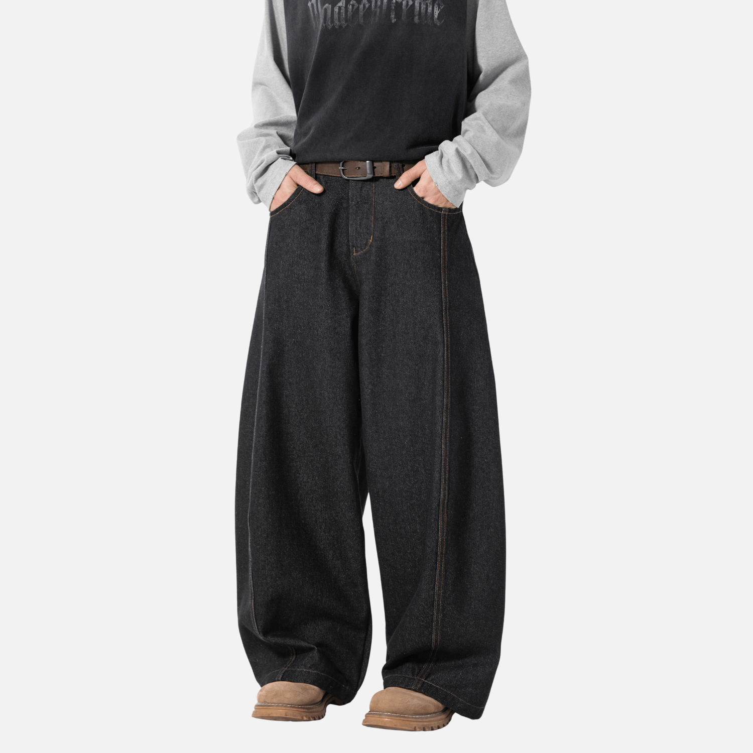 Topstitch Slant Baggy Denim Pants