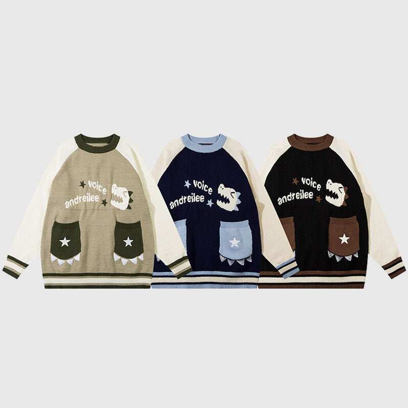 Niedlicher Pullover mit aufgesetzter Tasche und Dinosauriermuster