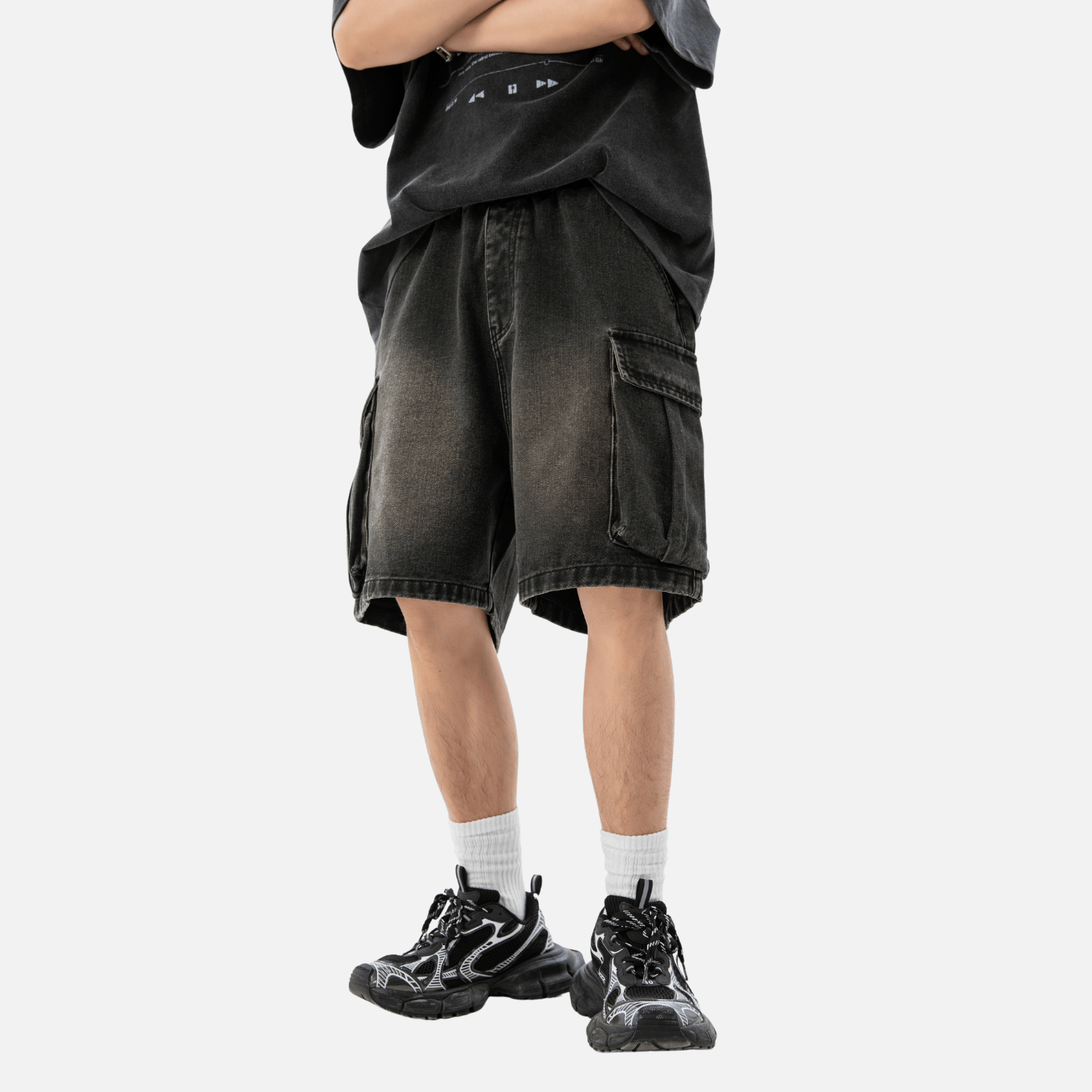 Washed Denim Cargo Shorts