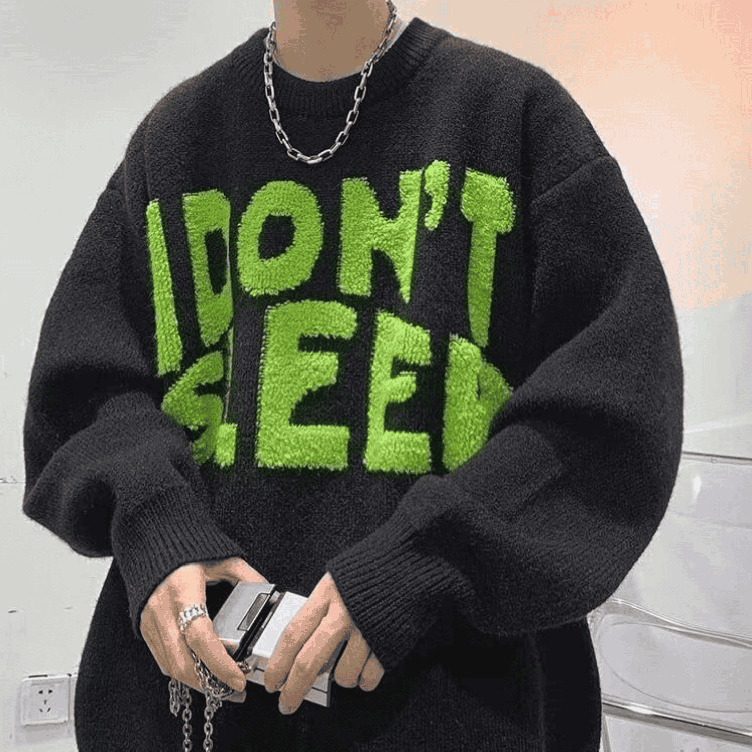 "I Don't Sleep" Flocked Lettering Sweater