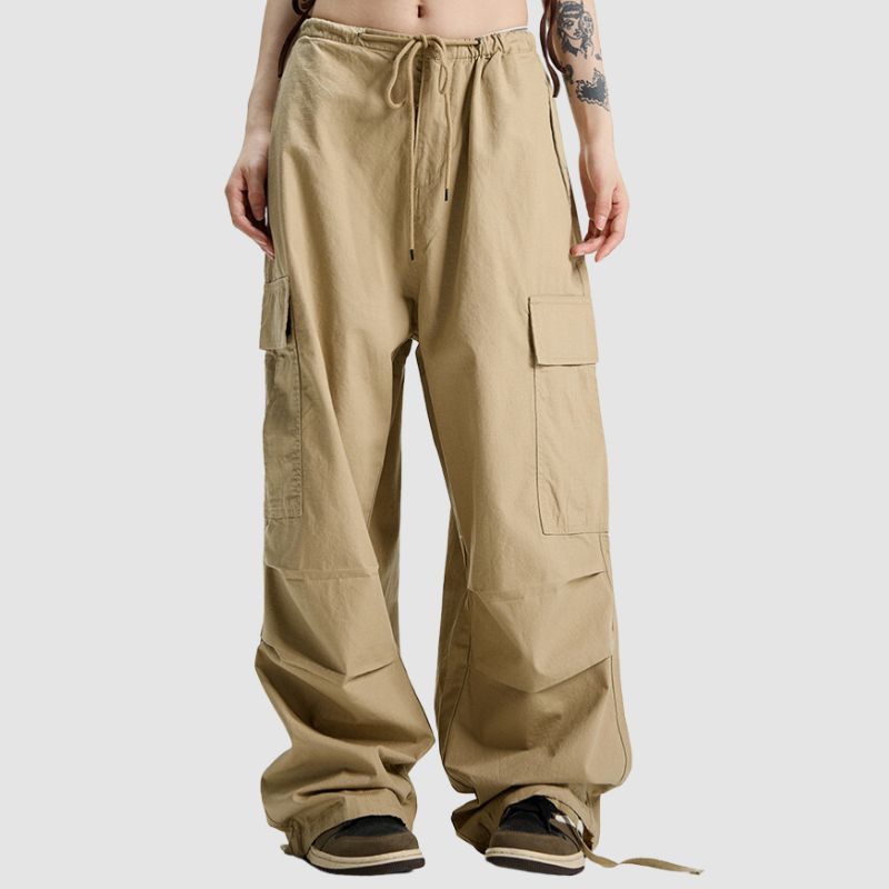 Pantalones paracaídas vintage plisados ​​de color sólido