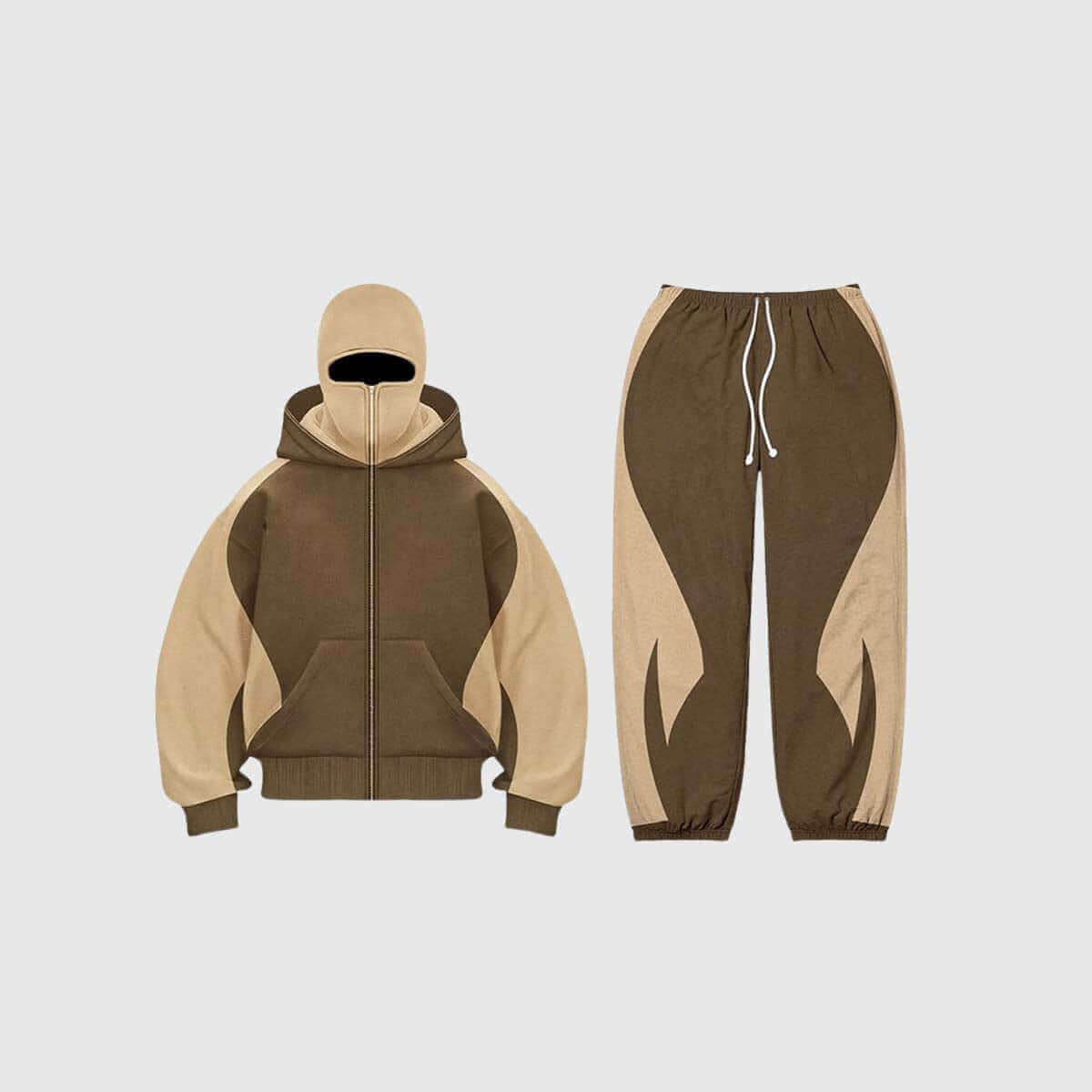 Y2K colorblock hoodie and pants set in beige and olive green, featuring drawstring hoodie and elastic joggers, perfect for casual wear.