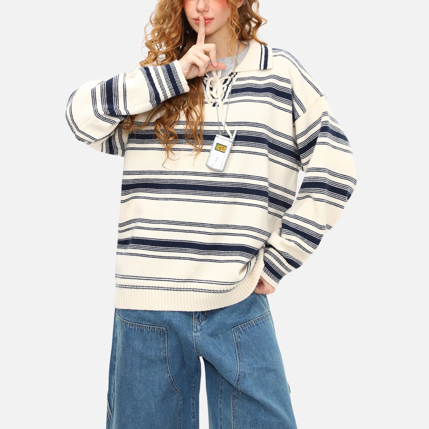 College Style Striped Tie Polo Sweater