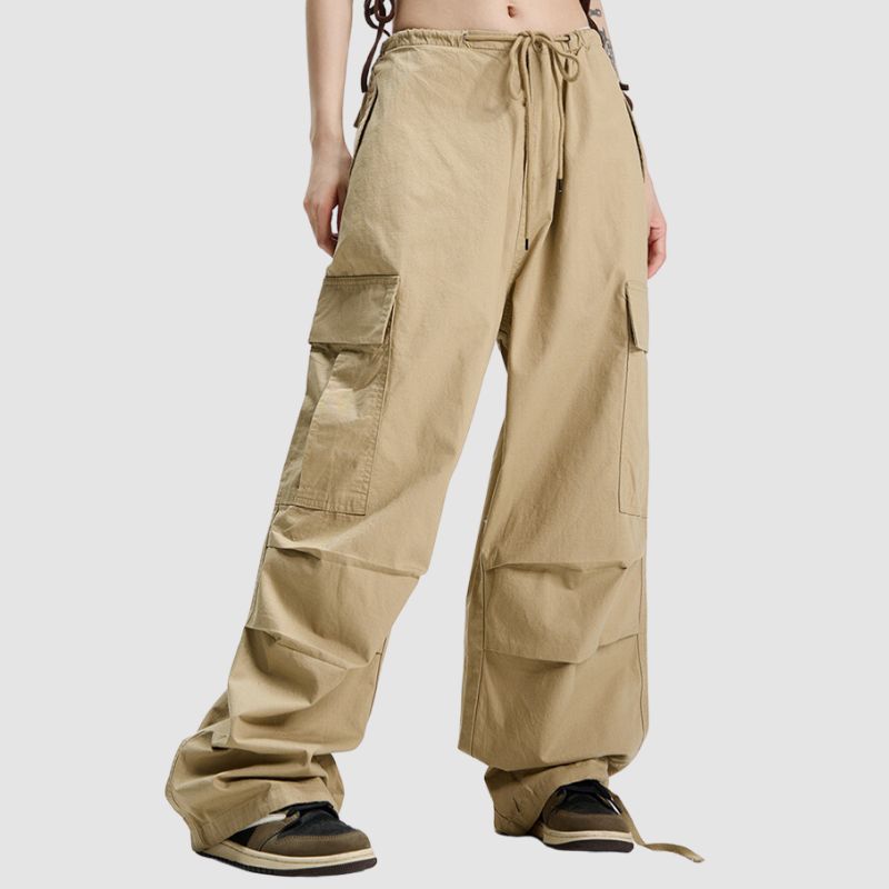 Pantalones paracaídas vintage plisados ​​de color sólido