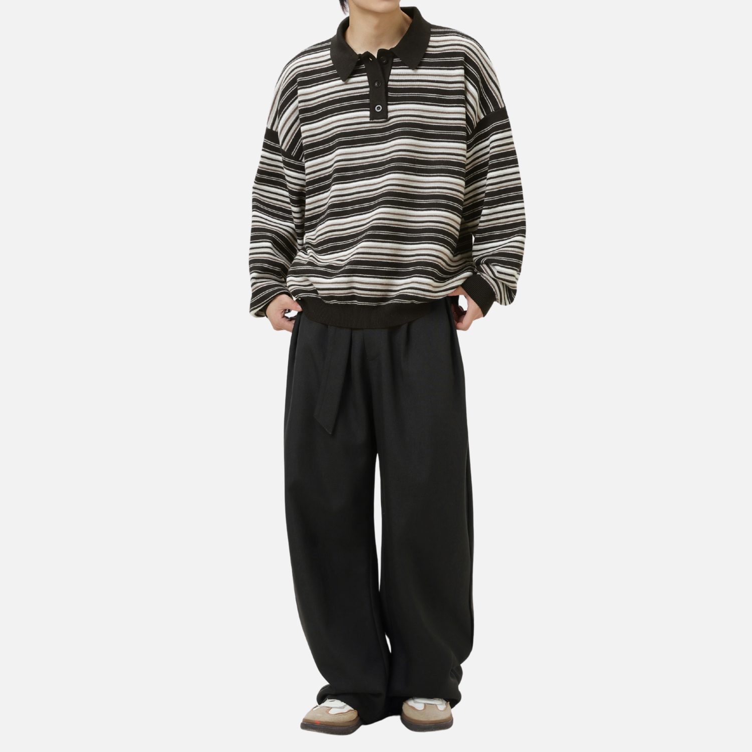 Japanese Retro Colorblock Stripe Polo Sweater