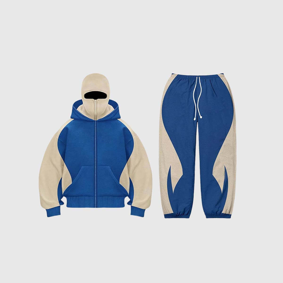Y2K colorblock hoodie and pants set in blue and beige, featuring a drawstring hoodie and elastic waistband joggers.