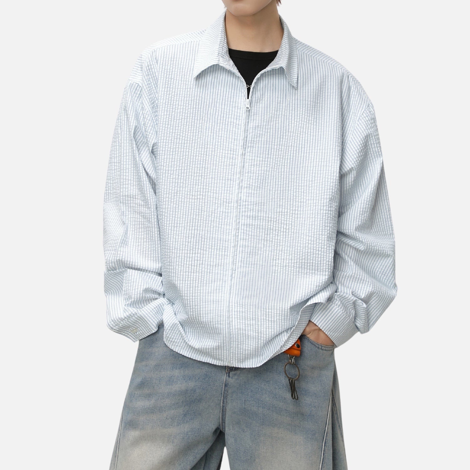 Japanese Zip-Up Striped Shirt Jacket