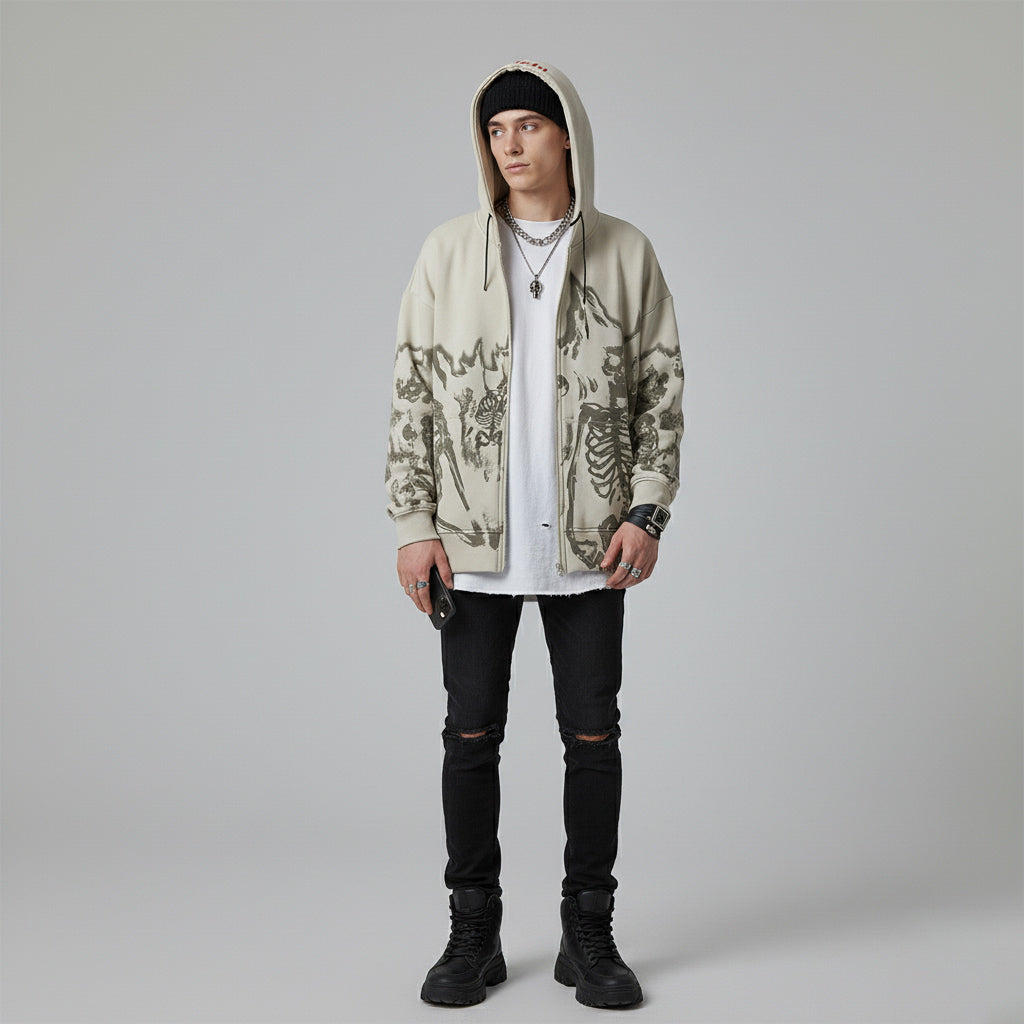 Retro-Totenkopf-Kapuzenpullover mit Reißverschluss