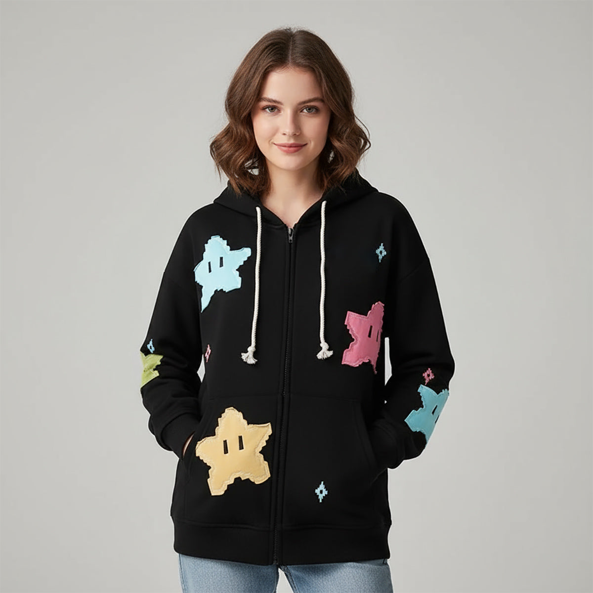 Kapuzenpullover mit Sternenmuster und Reißverschluss