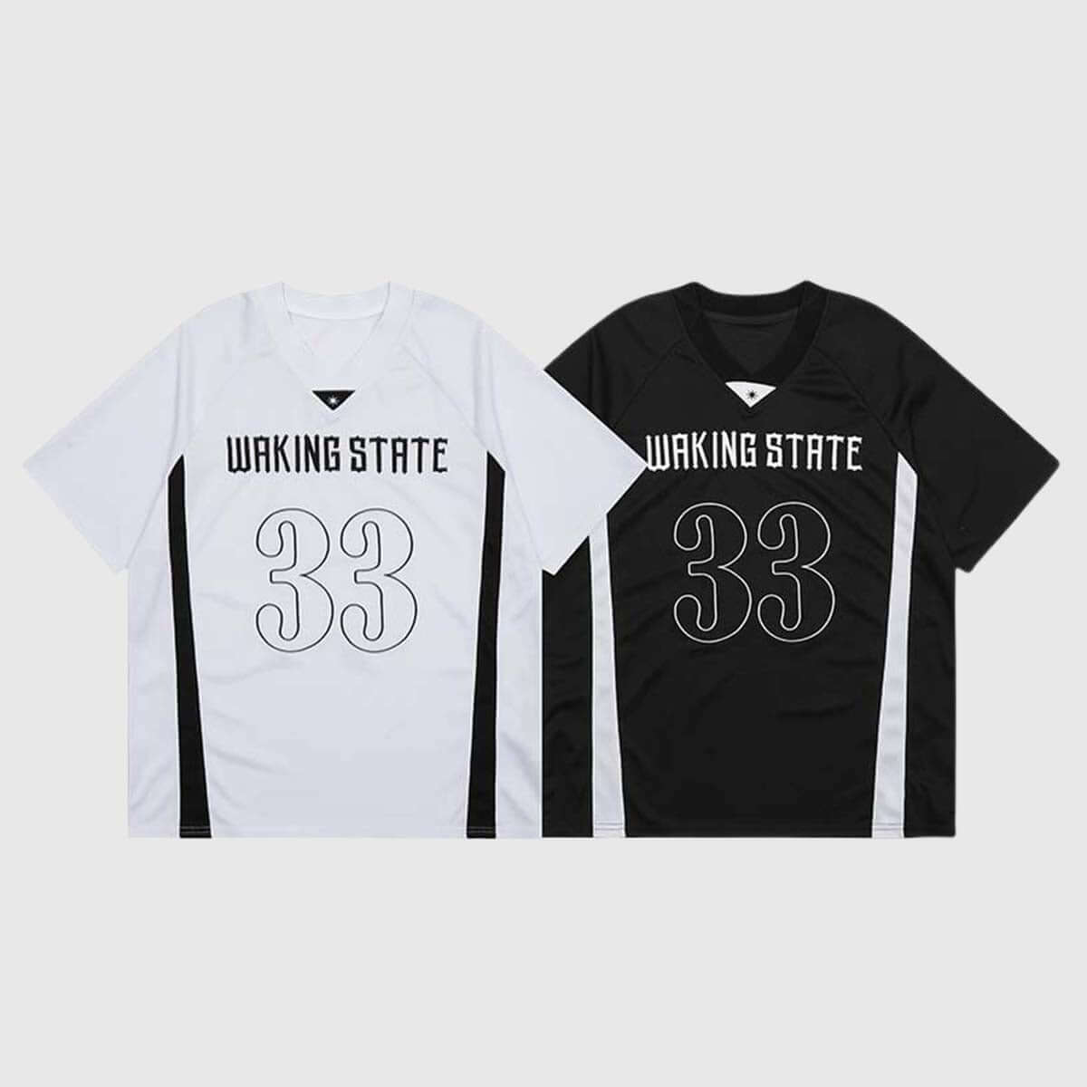 Two pieces  view of the unisex's number V-neck jersey 