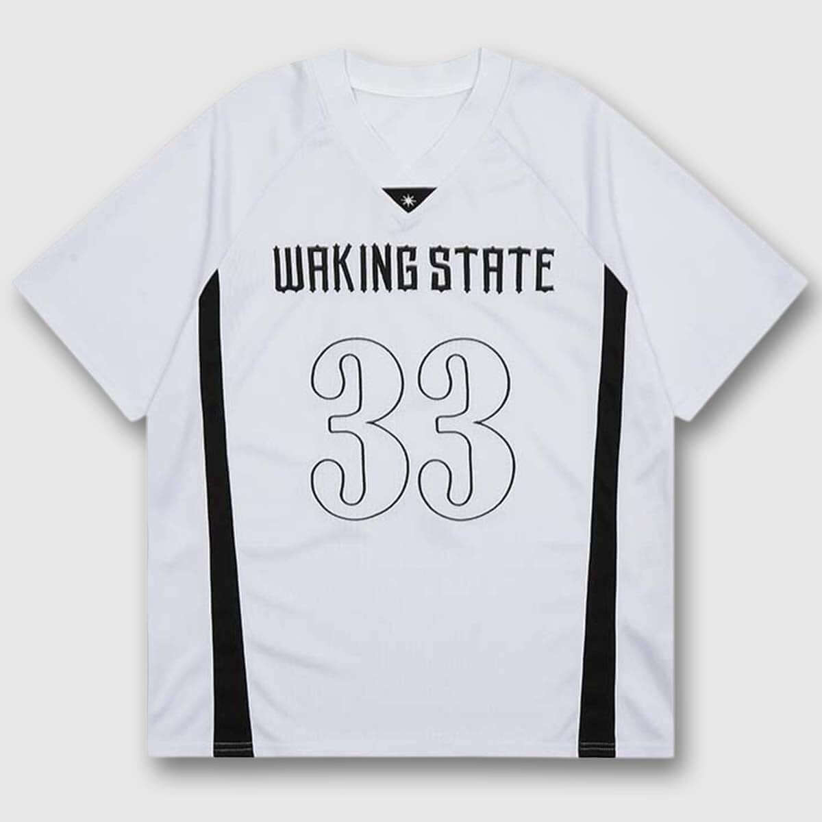 Front view of the unisex's retro number V-neck jersey in white