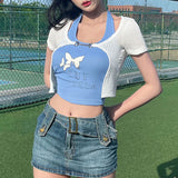 Zweiteiliges Crop-Top mit Schmetterlingsstickerei