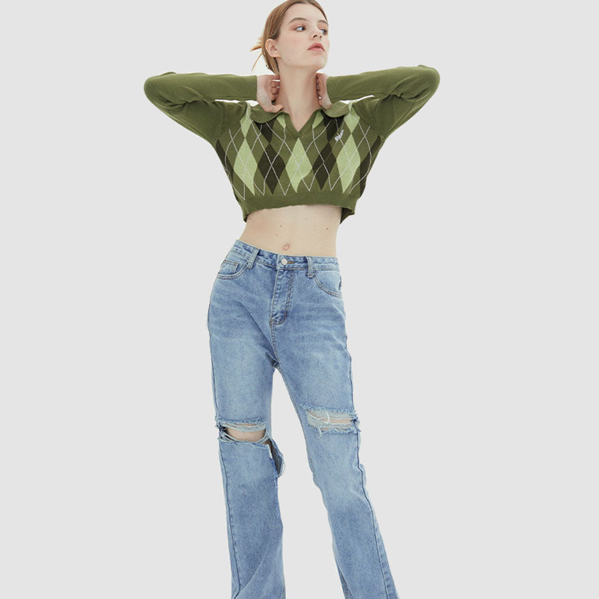 Turndown Collar Butterfly Embroidery Cropped Sweater
