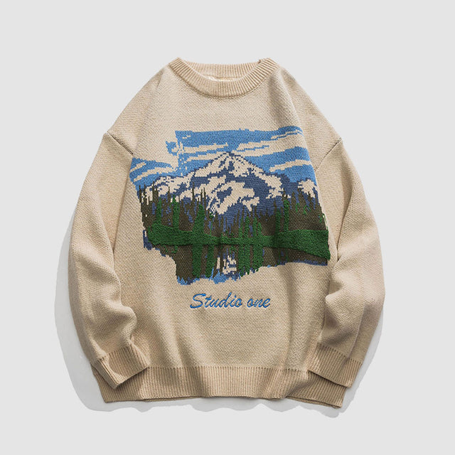 Pullover mit Rundhalsausschnitt und Landschaftsmalerei