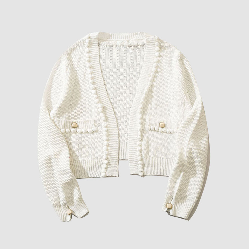 Kurzer Cardigan mit Knopfdekor und Pom-Pom