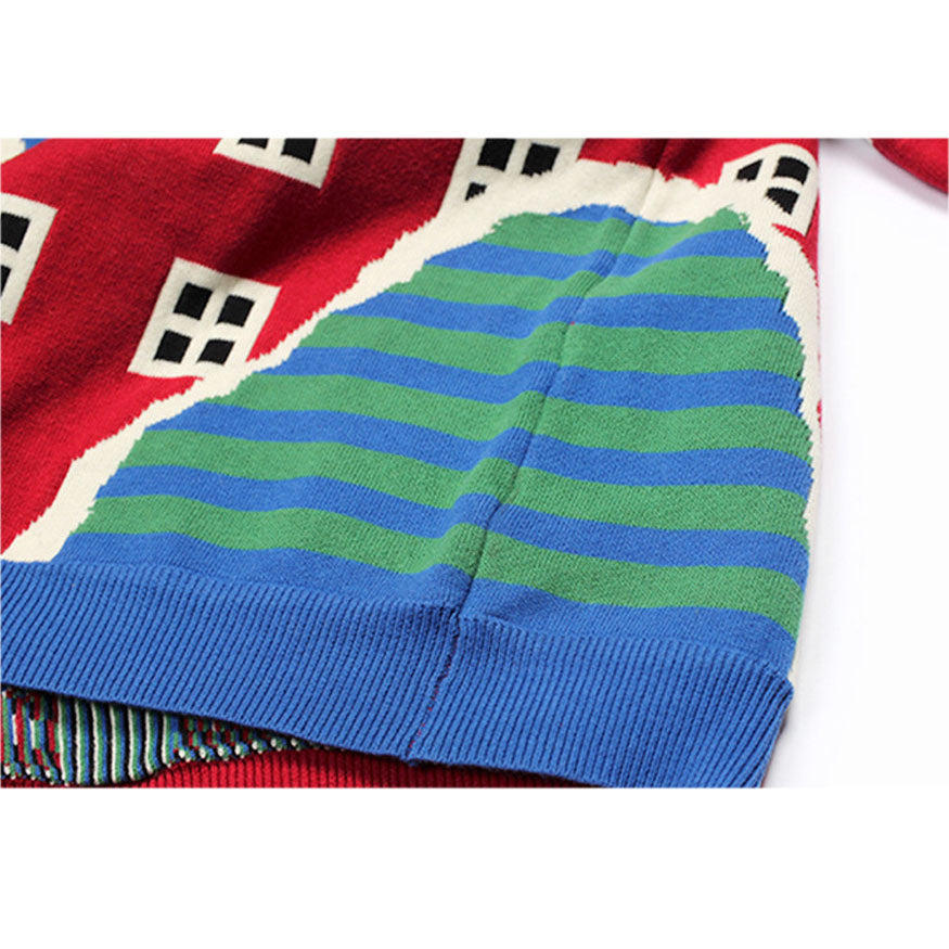 Cartoon Window Pattern Collared Sweater