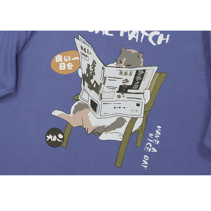 Reading Cat Cartoon Print Tee