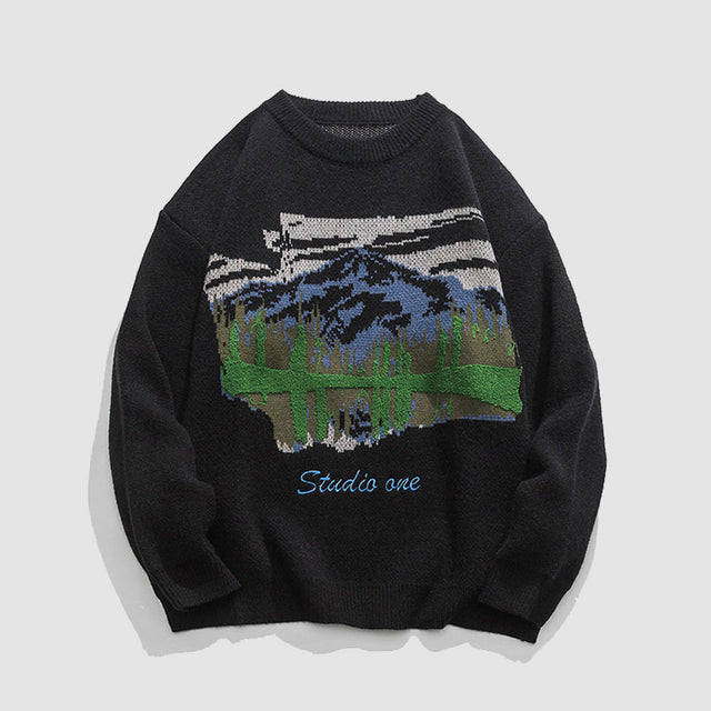 Pullover mit Rundhalsausschnitt und Landschaftsmalerei
