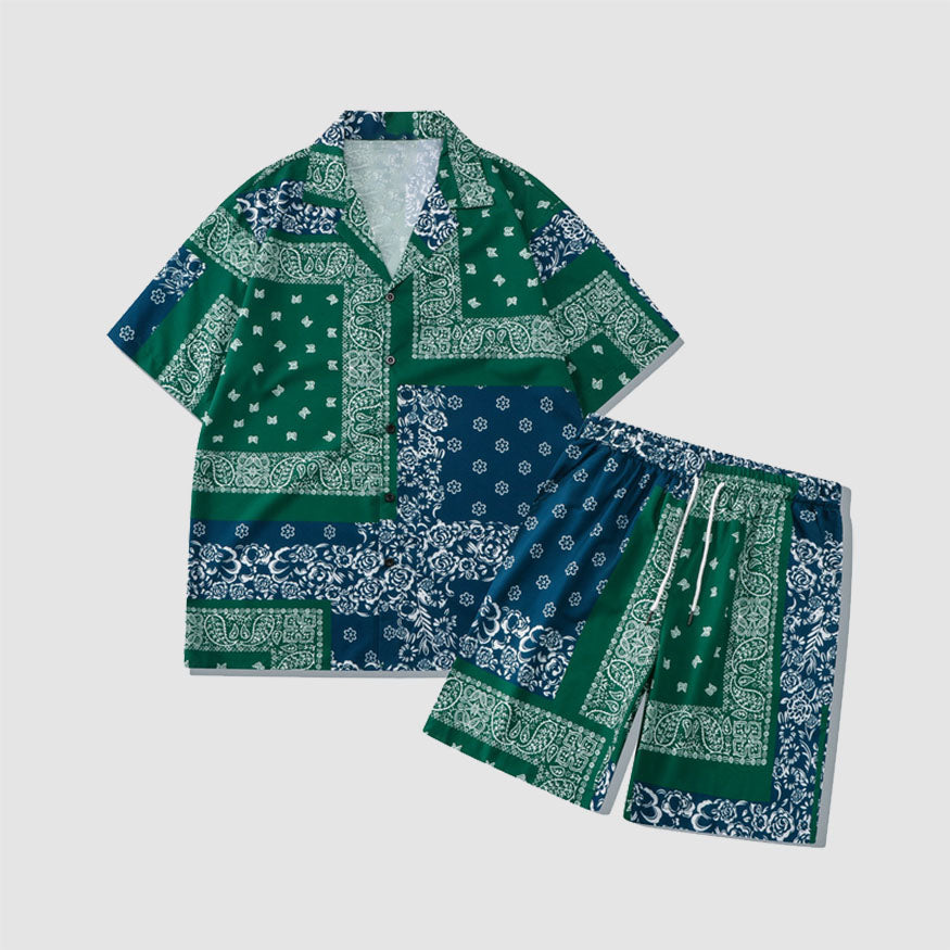 Camisa + pantalones cortos con estampado floral de anacardo de dos piezas