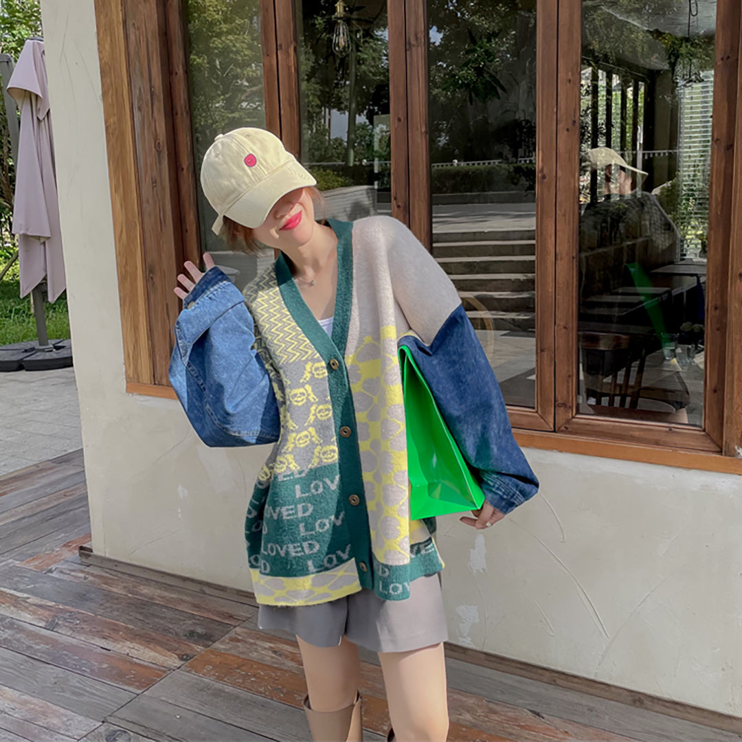 Vintage Patchwork Denim Strickjacke