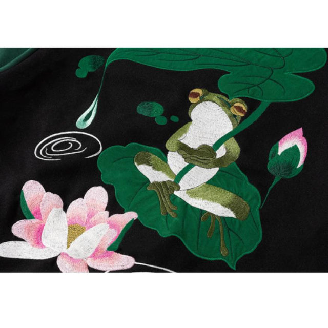 Chaqueta bordada con estampado de loto y rana