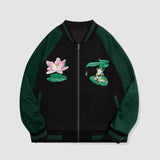 Chaqueta bordada con estampado de loto y rana