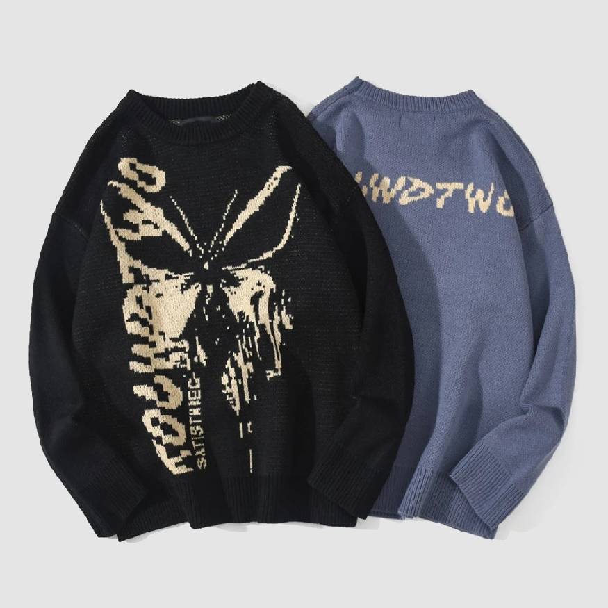 Pullover mit Schmetterlings- und Buchstaben-Graffiti-Print
